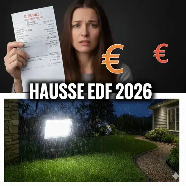 Femme inquiète tenant une facture d'électricité EDF face à la hausse des prix 2026, avec un projecteur solaire LED puissant éclairant un jardin de maison en arrière-plan.