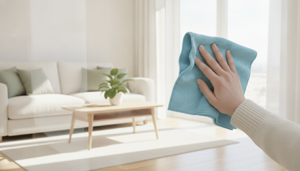 Main utilisant un chiffon microfibre sur une fenêtre parfaitement transparente