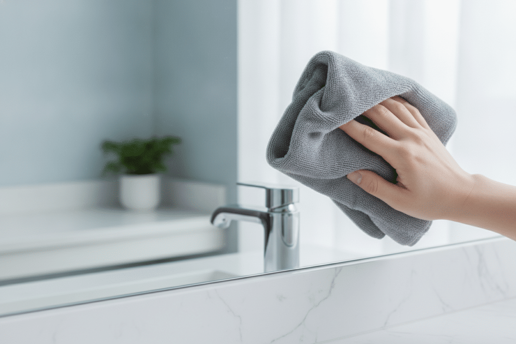 Un miroir sans auréoles se nettoie dans une pièce aérée, avec un chiffon propre et peu de liquide.
