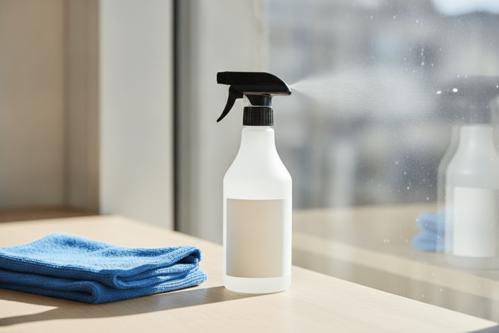 Sur une vitre, la règle est simple : peu d’eau, une microfibre propre et un séchage immédiat.