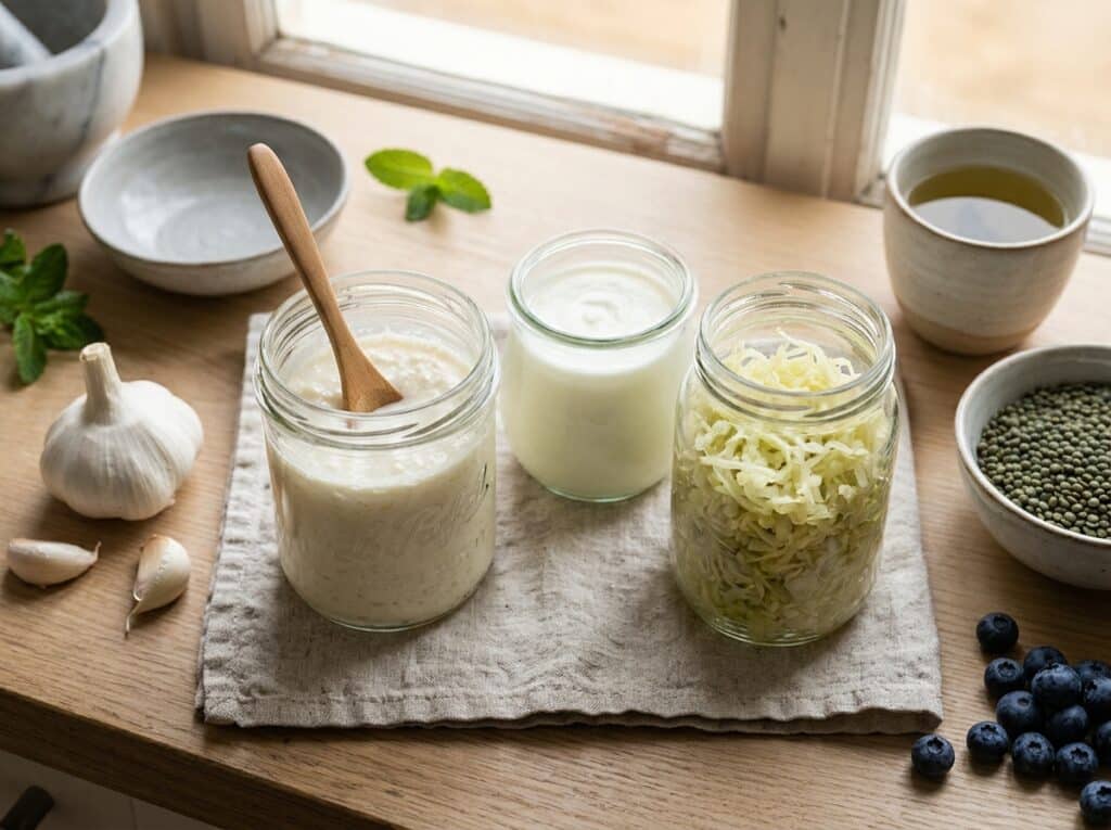 Kéfir, yaourt et choucroute crue, aliments fermentés pour le microbiote intestinal