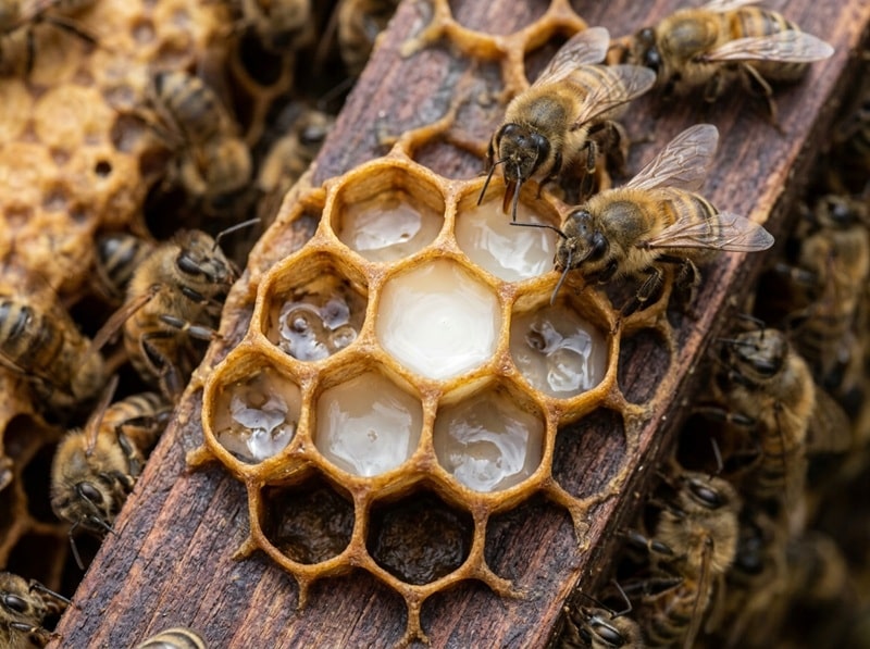 Gros plan sur des alvéoles de ruche contenant de la gelée royale blanchâtre