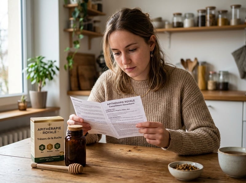 Personne lisant la notice d’une boîte de complément alimentaire
