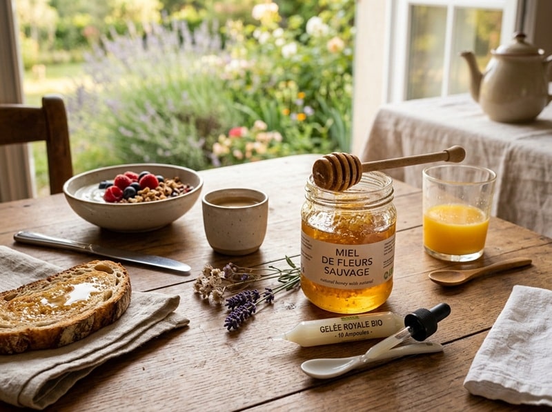 Pot de miel et ampoule de gelée royale posés sur une table de petit-déjeuner