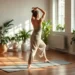 Un espace intérieur serein avec une lumière naturelle douce, avec une personne pratiquant le yoga somatique, des mouvements corporels fluides et des étirements doux. Les éléments environnants comprennent des couleurs apaisantes, des plantes en arrière-plan et un tapis de yoga sur un plancher en bois, transmettant un sentiment de pleine conscience et de tranquillité. Mettez l'accent sur le flux de mouvement et la connexion entre le corps et l'esprit.